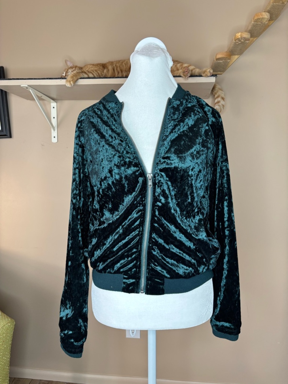 Jolt Crushed Velvet Bomber Jacket - Teal Green